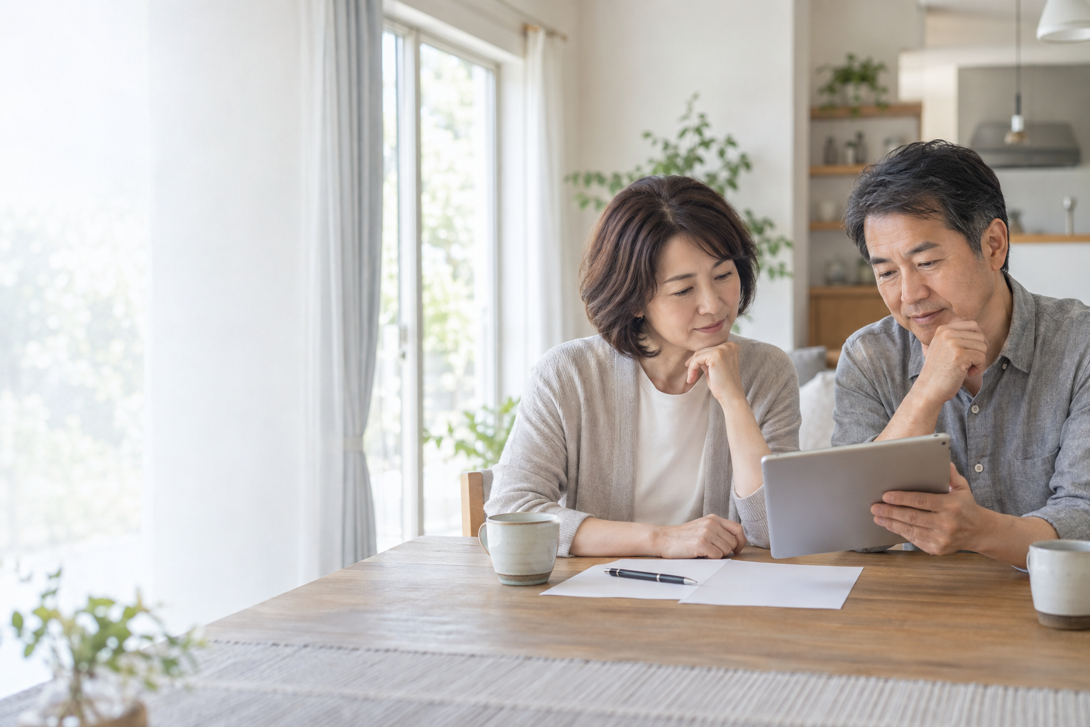 明るい自宅でタブレットを見ながら相談する夫婦のイメージ