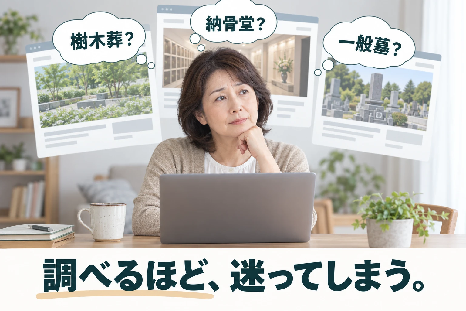 検索画面を見ながら迷う女性。調べるほど迷ってしまう